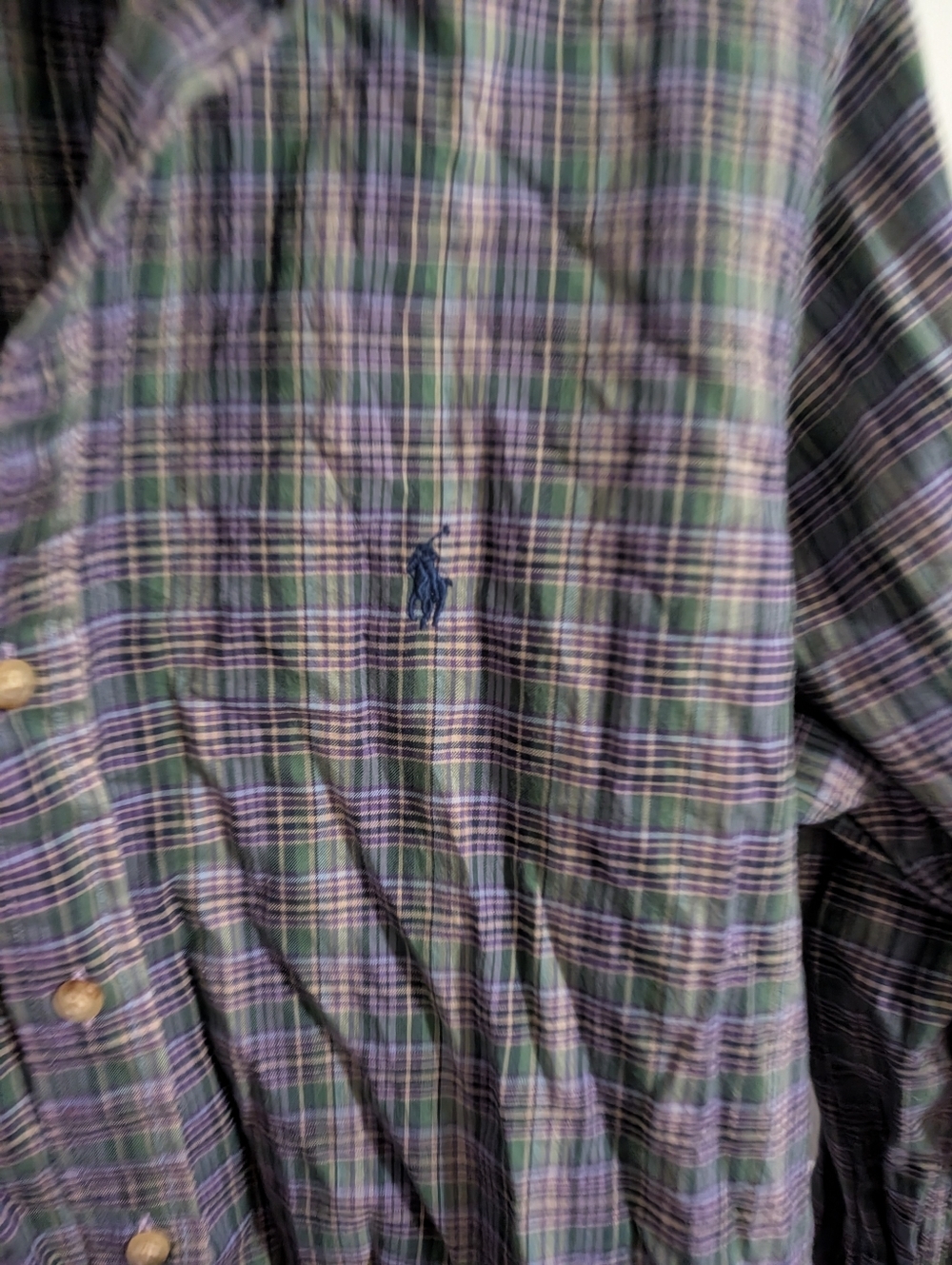 Polo Ralph Lauren Mens Top Purple Green Plaid Long Sleeve Button Pony Large - Picture 4 of 5